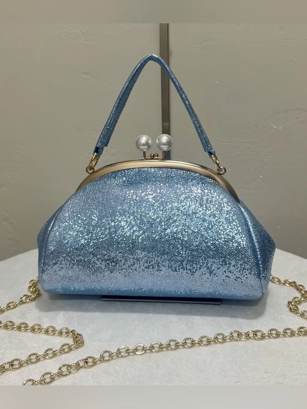 Blue Glitter Leather Handmade “Pearl” Shaped Kisslock Clutch,Multi Use Style Bag